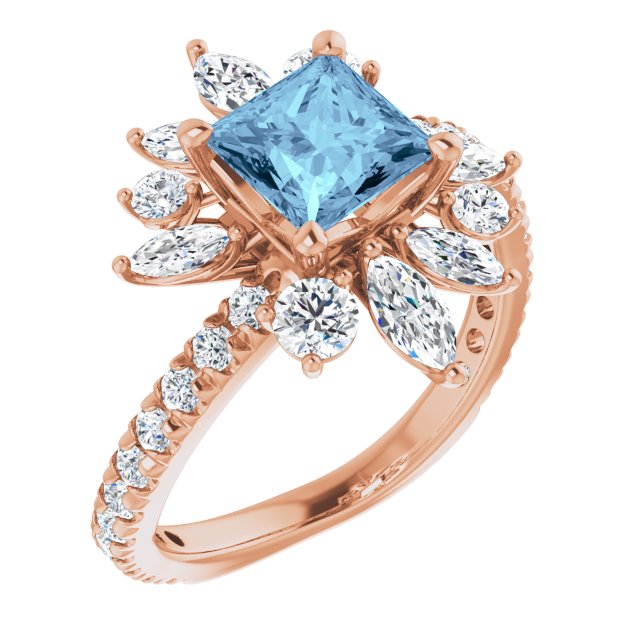 14K Rose Natural Aquamarine & 1 1/8 CTW Natural Diamond Ring 